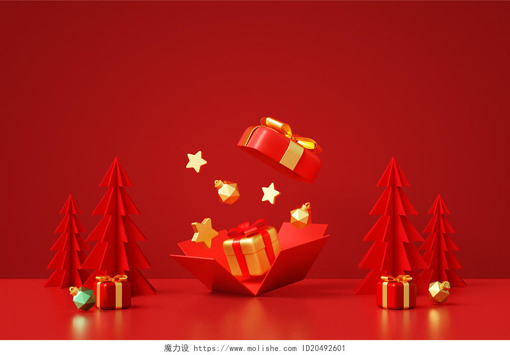 红色创意3D立体圣诞节圣诞礼包圣诞树背景C4D圣诞节礼盒